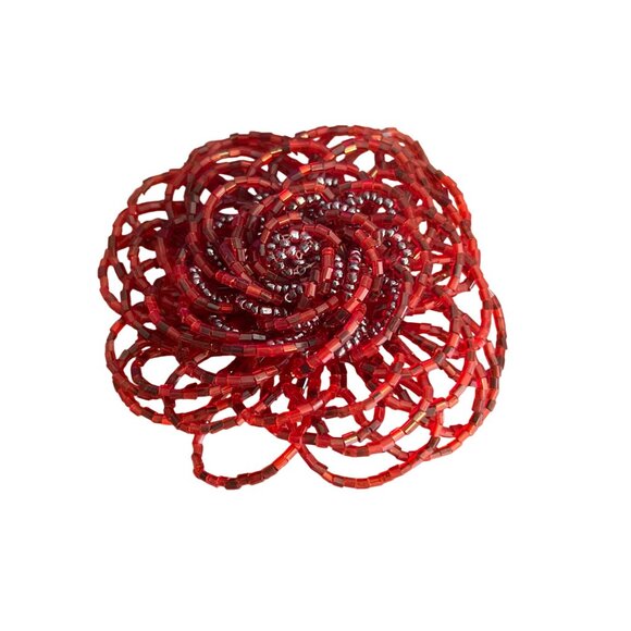 Vintage Red Seed Bead Flower Pin Brooch Large Floral Statement Estate 3.5" - Picture 1 of 5